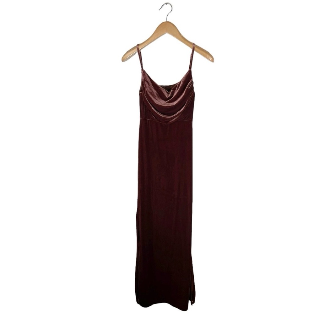 Revelry “Skye” Terracotta Velvet Maxi Dress Size 2 Cowl Neck Side Slits Bridal
